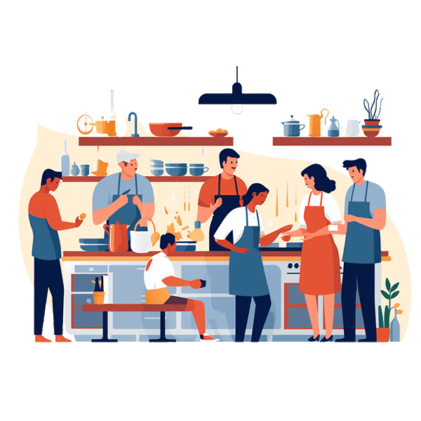 A crowd of people, cooking